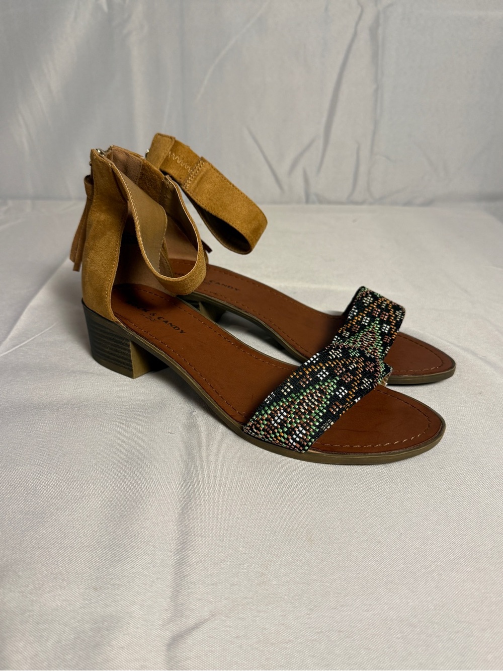Rock & Candy Suede Ankle-Strap Block Heel Sandals in Tan with Beaded Front